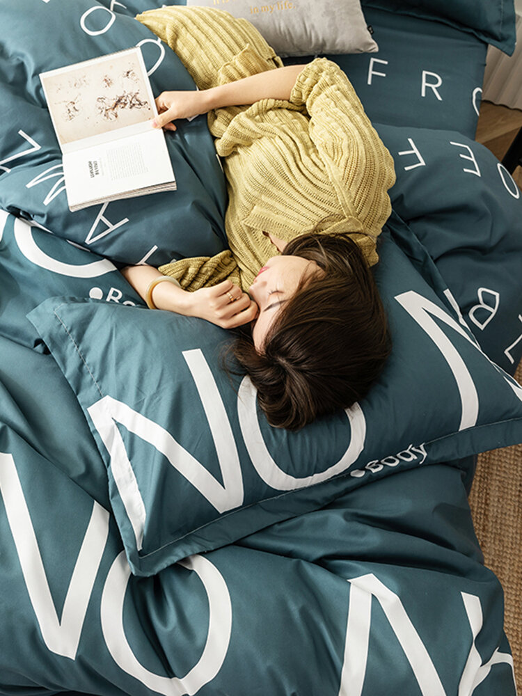 
	3/4 Pcs Letters Print Solid Color Aloe Cotton Comfy Bedding Set Sheet Duvet Cover Pillowcase