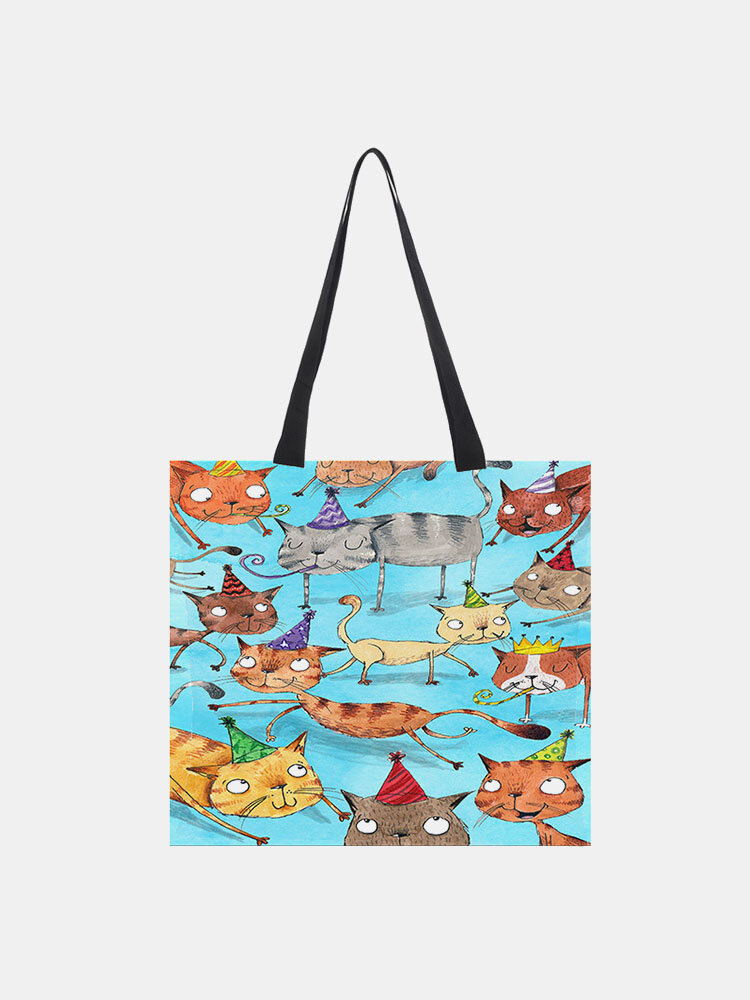 
	Women Cotton Linen Cat Print Handbag Tote