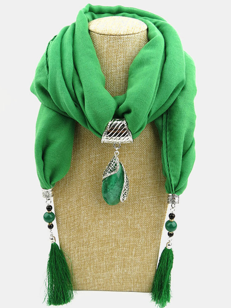 
	Bohemian Drop Shape Gem Pendant Scarf Necklace Women Tassel Multi-layer Necklace