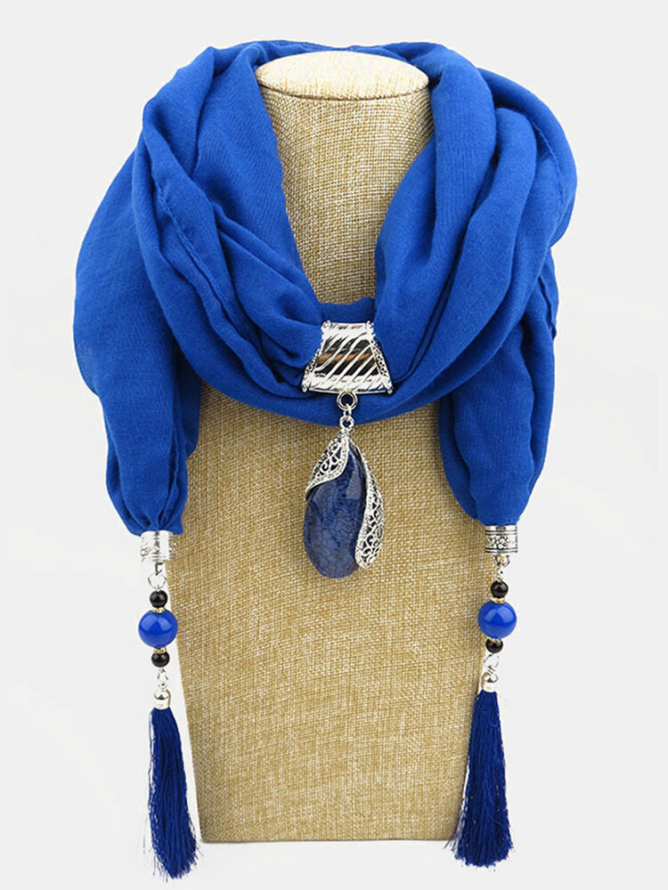 
	Bohemian Drop Shape Gem Pendant Scarf Necklace Women Tassel Multi-layer Necklace