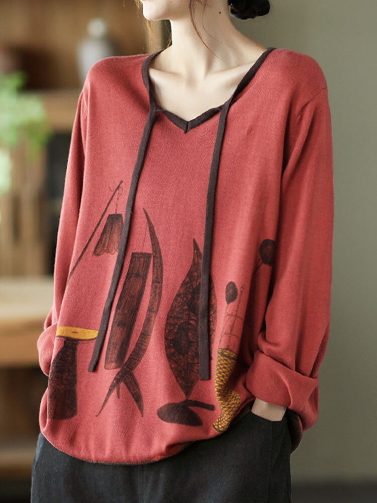 
	Art Illustration Long Sleeve Tie Front Women Sweatshirt