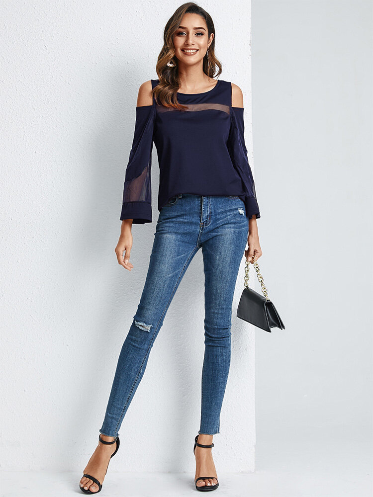 
	Solid Mesh Stitch Off-shoulder Long Sleeve Blouse