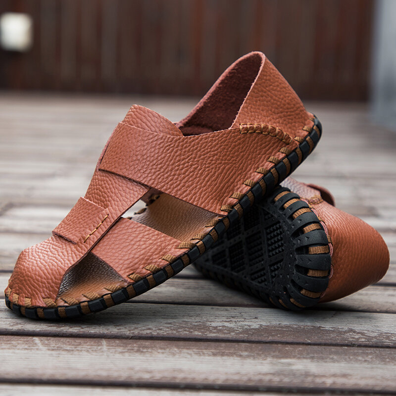 
	Men Soft Cow Leather Hand Stitching Casual Shoes Hollow Out Sandals