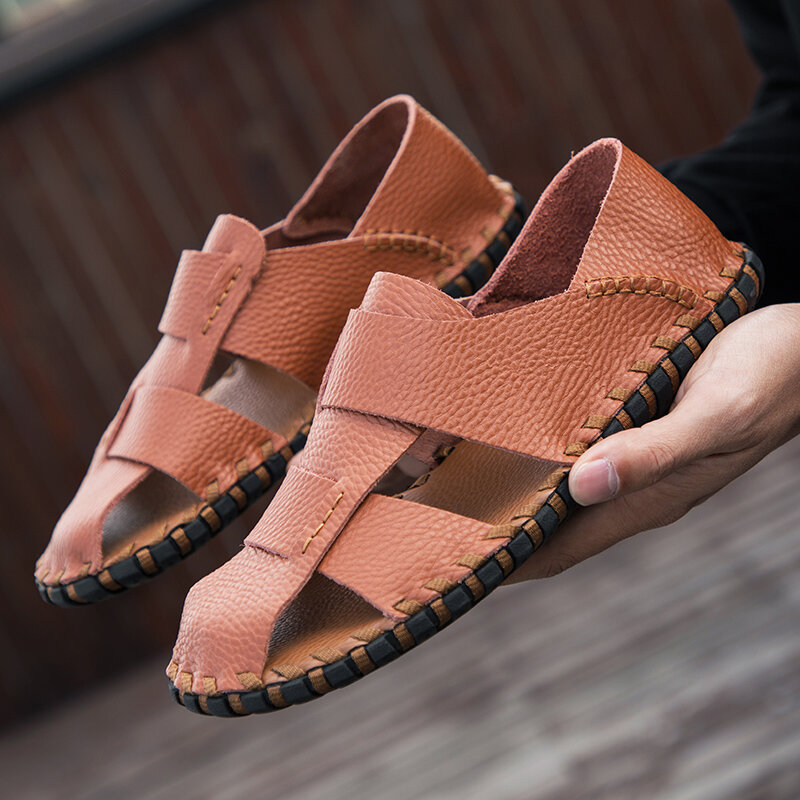 
	Men Soft Cow Leather Hand Stitching Casual Shoes Hollow Out Sandals