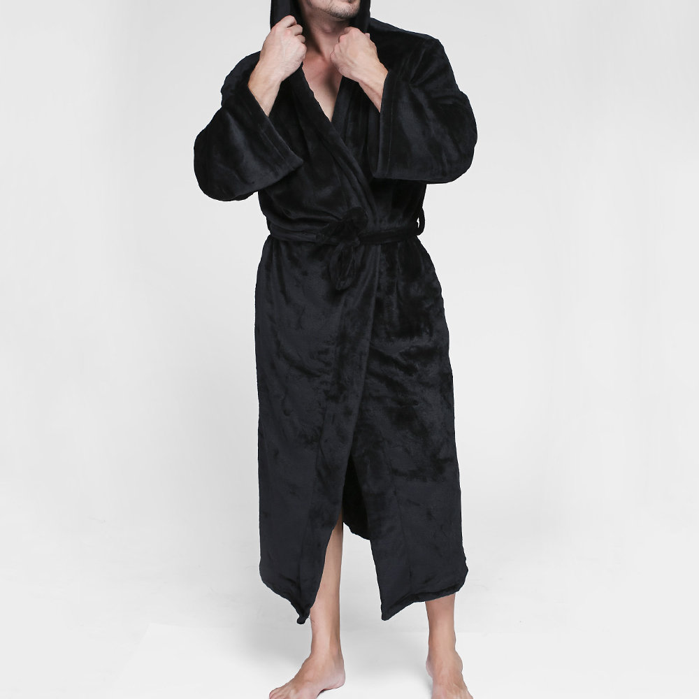 
	Men Pure Color Thicken Velvet Fleece Sleepwear Comfy Soft Hooded Pajamas