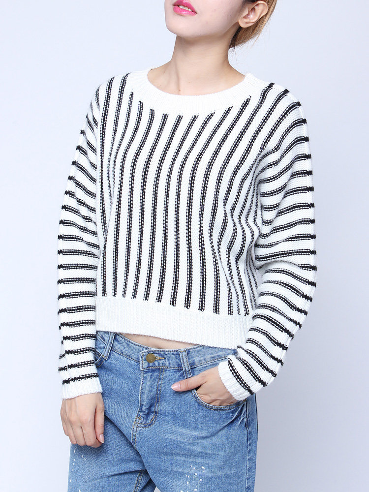 
	Women Long Sleeve Black White Stripe Knitted Sweater