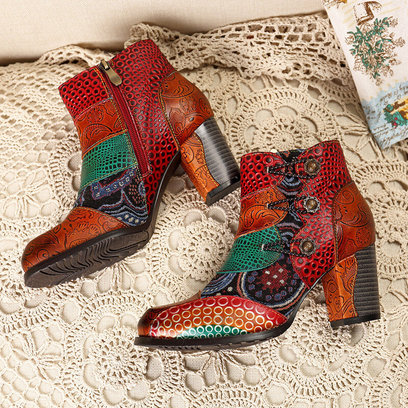 
	SOCOFY Vintage Buckle Genuine Leather Splicing Zipper Ankle Square Heel Boots