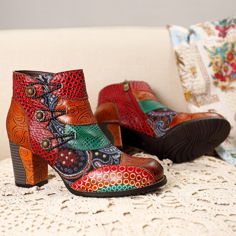 
	SOCOFY Vintage Buckle Genuine Leather Splicing Zipper Ankle Square Heel Boots