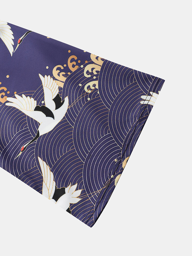 
	Mens Ethnic Style Crane Print Open Front Kimono Casual Two Pieces Outfits
