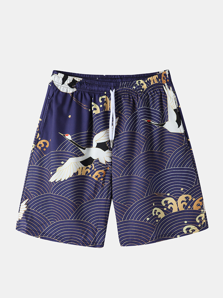 
	Mens Ethnic Style Crane Print Open Front Kimono Casual Two Pieces Outfits