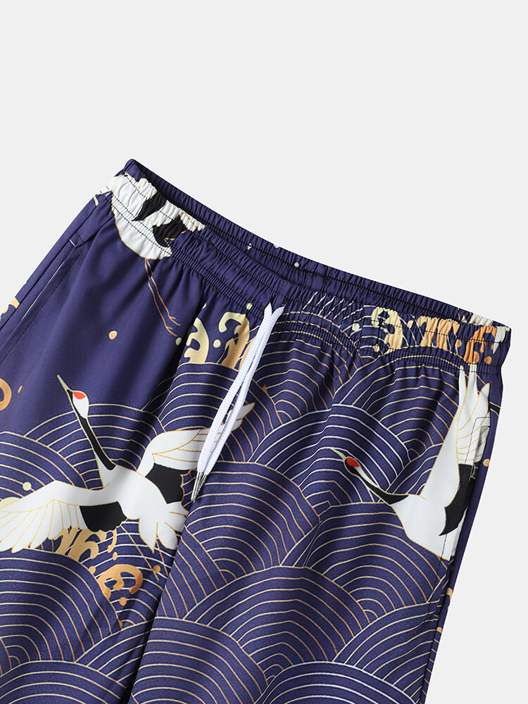 
	Mens Ethnic Style Crane Print Open Front Kimono Casual Two Pieces Outfits