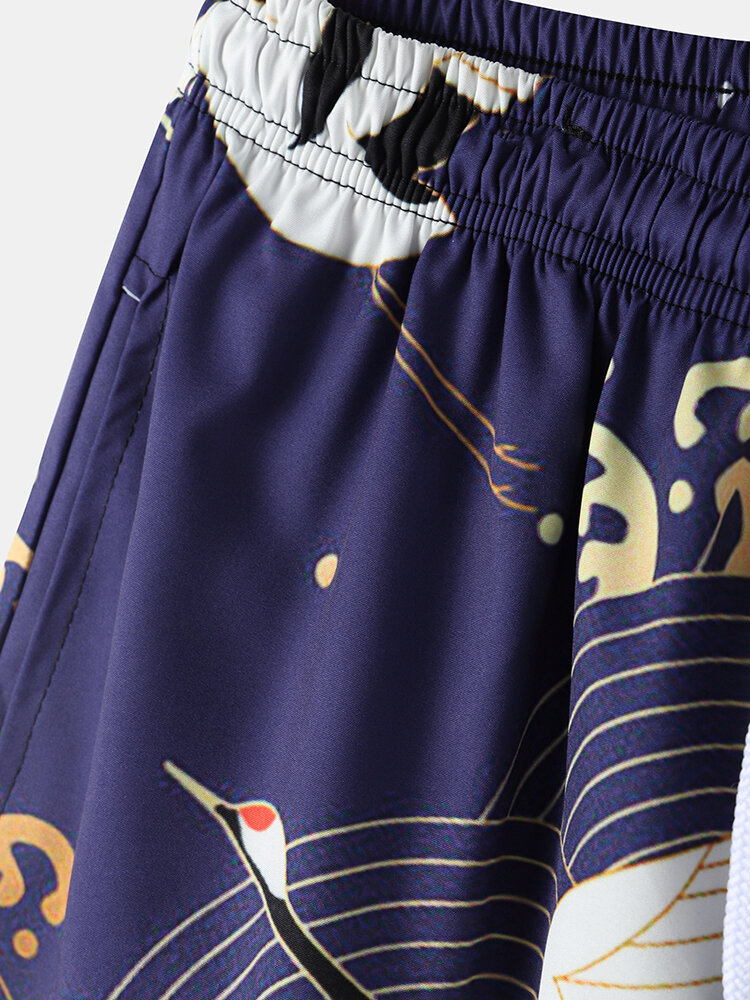 
	Mens Ethnic Style Crane Print Open Front Kimono Casual Two Pieces Outfits