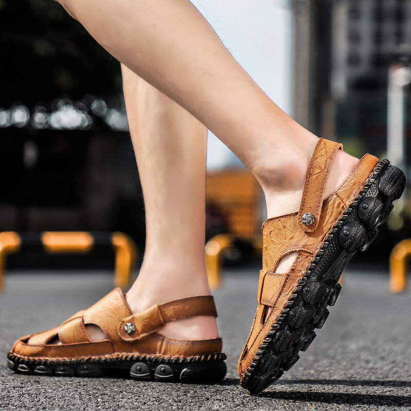 
	Men Cow Leather Hand Stitching Non Slip Outdoor Casual Sandals