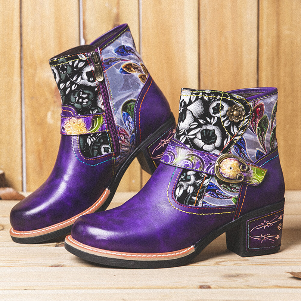 
	SOCOFY Elegant Floral Cloth Splicing Comfy Genuine Leather Wearable Chunky Heel Ankle Boots