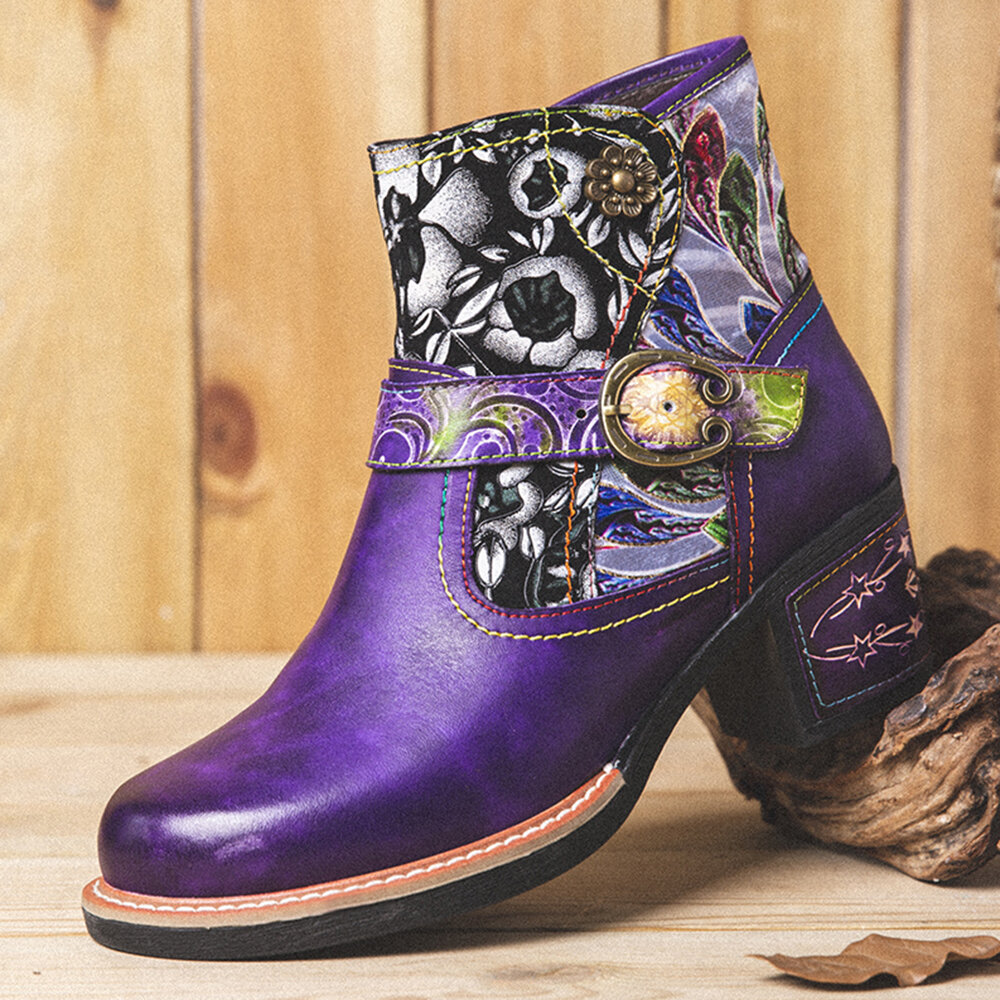 
	SOCOFY Elegant Floral Cloth Splicing Comfy Genuine Leather Wearable Chunky Heel Ankle Boots