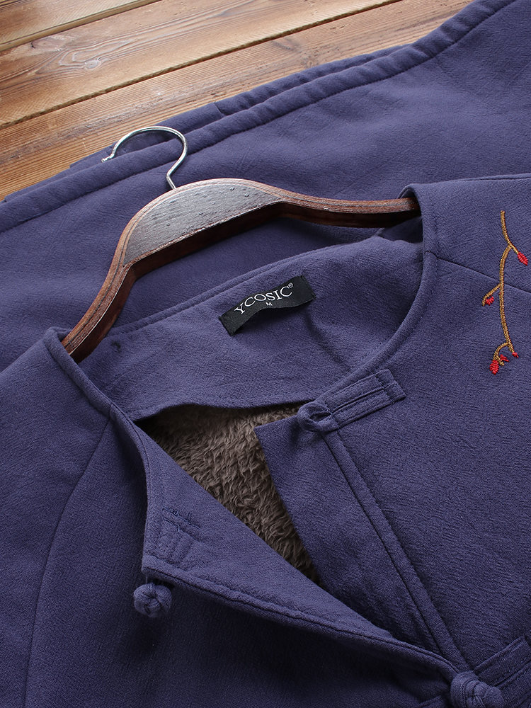 
	Vintage Embroidered Warm Fleece Frog Button Winter Coat