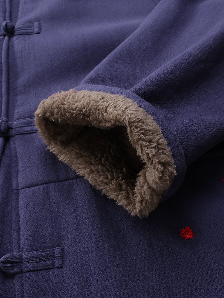 
	Vintage Embroidered Warm Fleece Frog Button Winter Coat