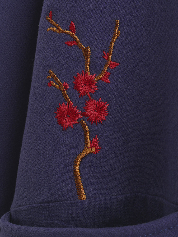 
	Vintage Embroidered Warm Fleece Frog Button Winter Coat