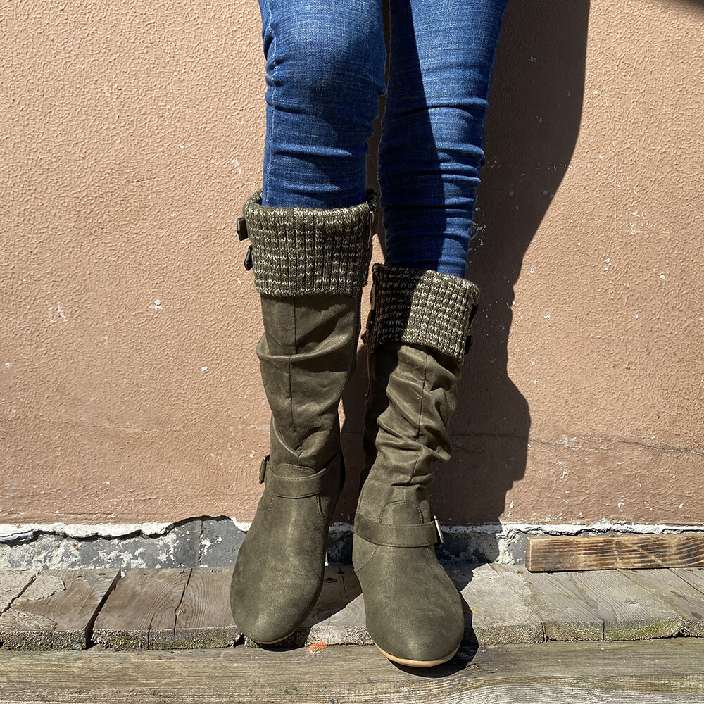 
	Women’s Plus Size Buckle Decor Suede Woolen Warm Zipper Flat Knee Boots