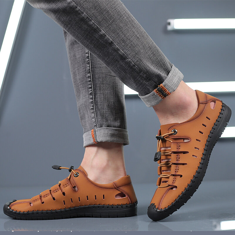 
	Men Hand Stitching Leather Non Slip Elastic Lace Casual Sandals