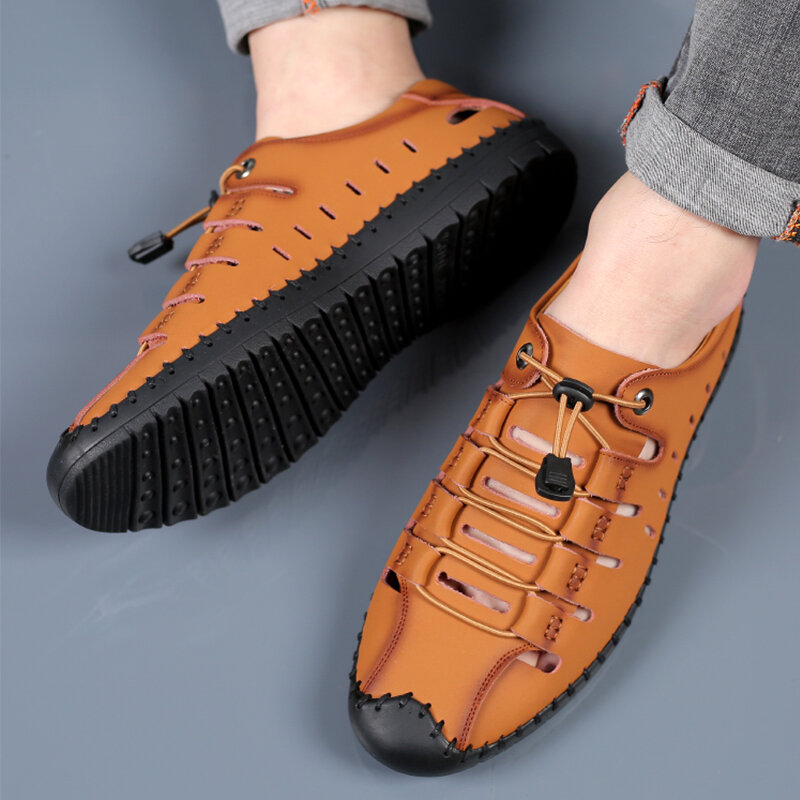 
	Men Hand Stitching Leather Non Slip Elastic Lace Casual Sandals