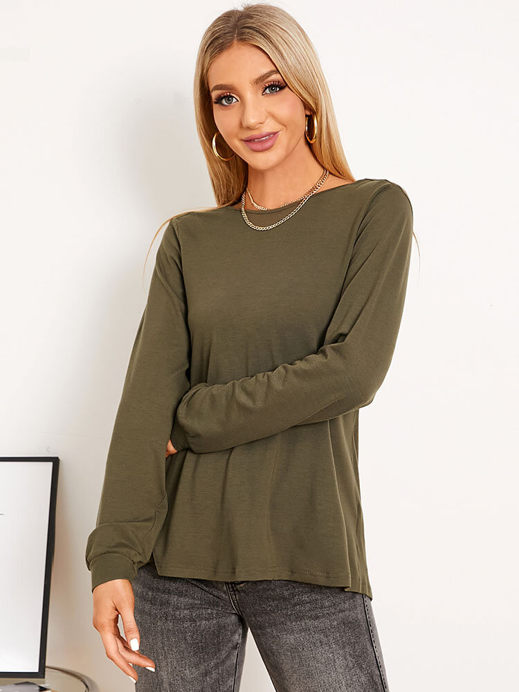 
	Solid Backless Twisted Long Sleeve Crew Neck T-shirt