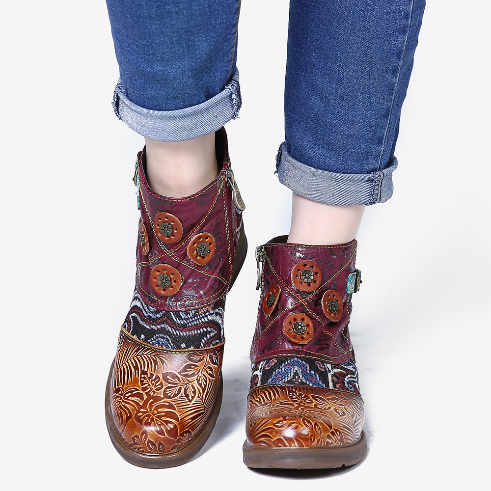 
	SOCOFY Retro Buckle Genuine Leather Splicing Folkways Pattern Flat Soft Short Boots