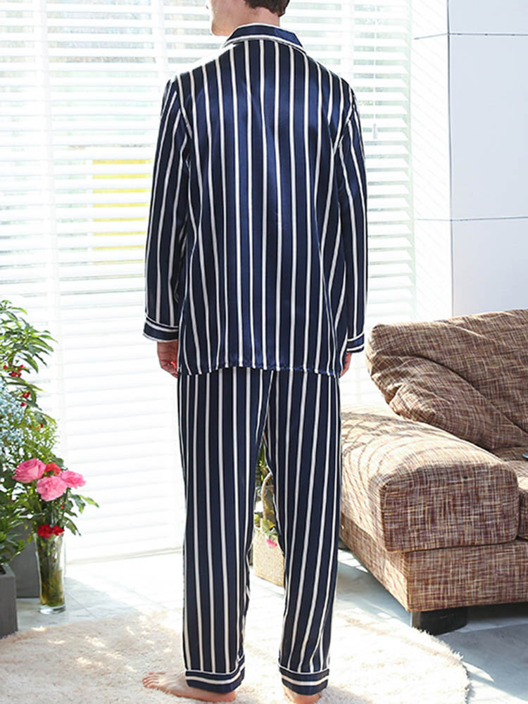
	Mens Striped Revere Collar Button Up Faux Silk Cozy Pajamas Sets