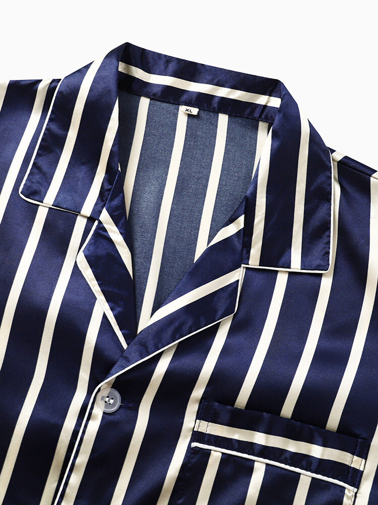 
	Mens Striped Revere Collar Button Up Faux Silk Cozy Pajamas Sets