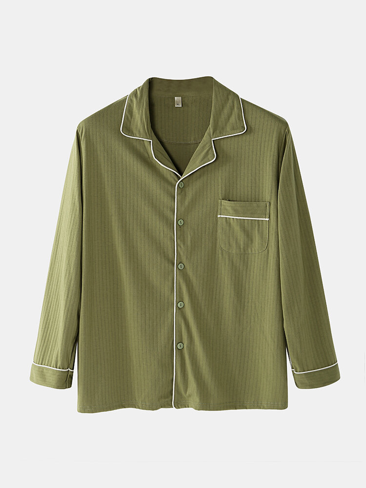 
	Mens Green Pinstripe Loungewear Long Sleeve Lapel Cotton Pajamas Sets