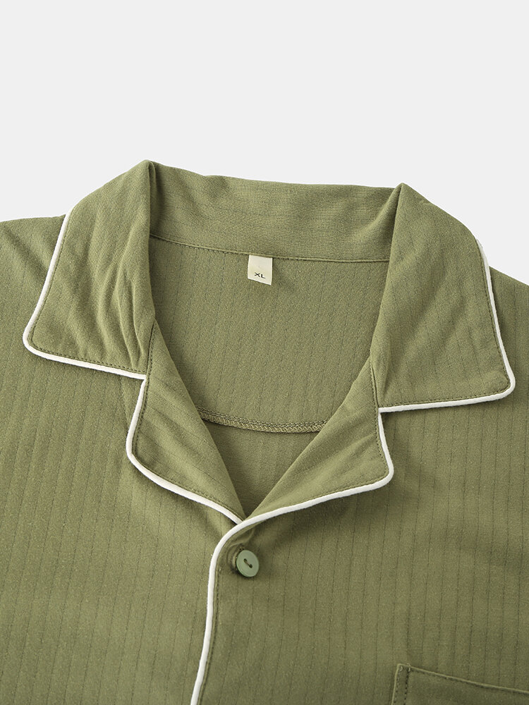 
	Mens Green Pinstripe Loungewear Long Sleeve Lapel Cotton Pajamas Sets