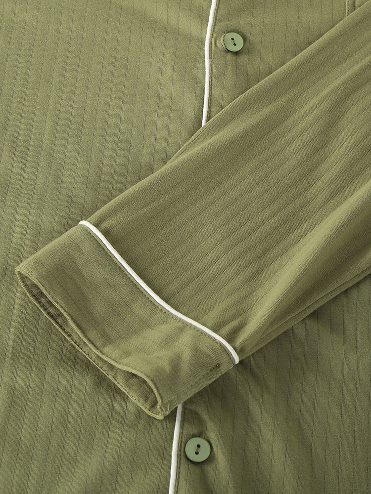 
	Mens Green Pinstripe Loungewear Long Sleeve Lapel Cotton Pajamas Sets