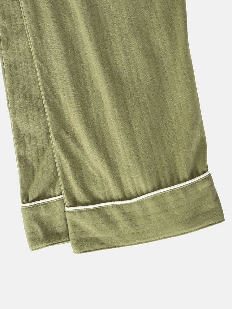 
	Mens Green Pinstripe Loungewear Long Sleeve Lapel Cotton Pajamas Sets