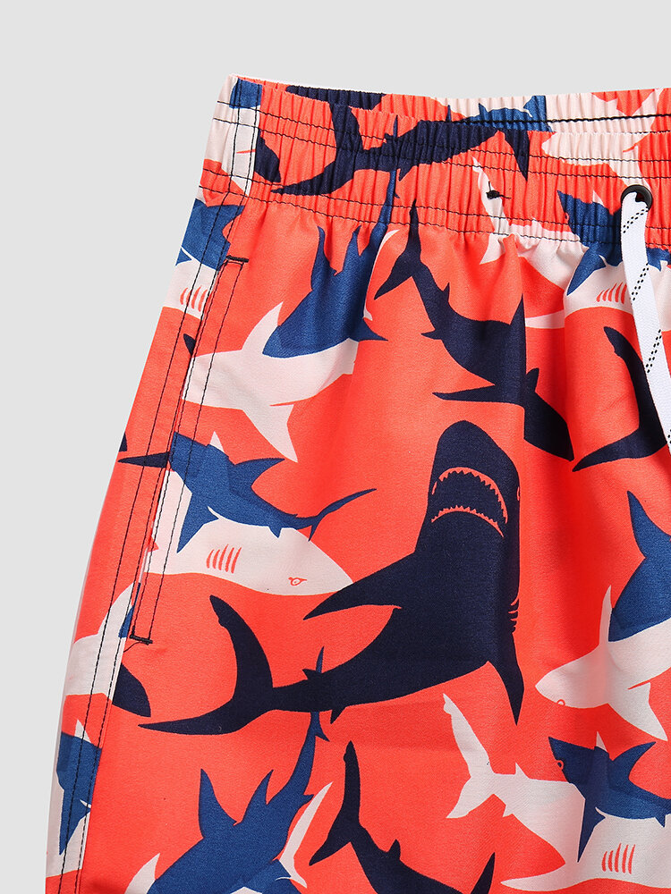 
	Men Cartoon Shark Print Ocean Style Lightweight Thin Seaside Board Shorts