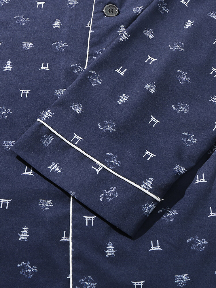 
	Mens Satin Silk Pattern Print Lapel Casual Homewear Pajamas Set