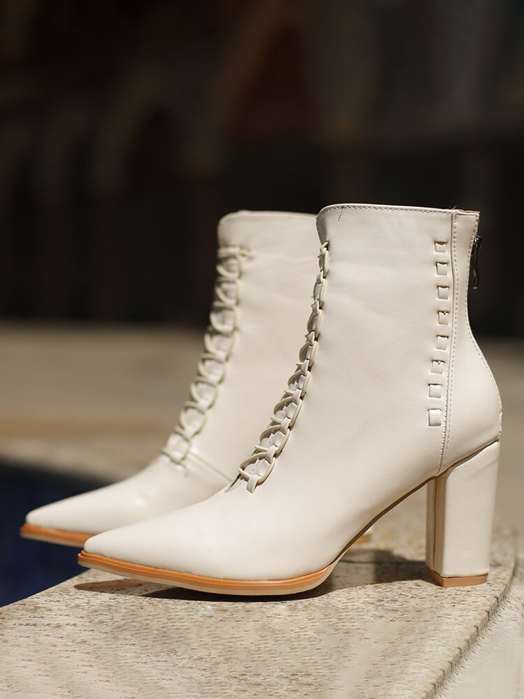 
	Plus Size Women Pointed Toe Lace Up Back Zipper Chunky Heel Short Boots