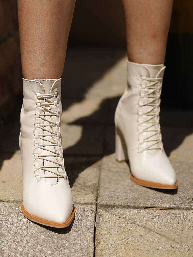 
	Plus Size Women Pointed Toe Lace Up Back Zipper Chunky Heel Short Boots