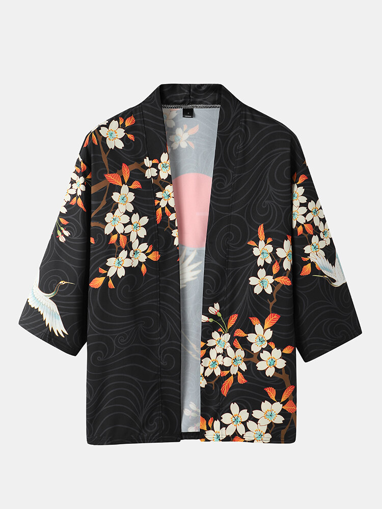 
	Mens Floral Crane Print Open Front Kimono Ethnic Style Two Pieces Outfits