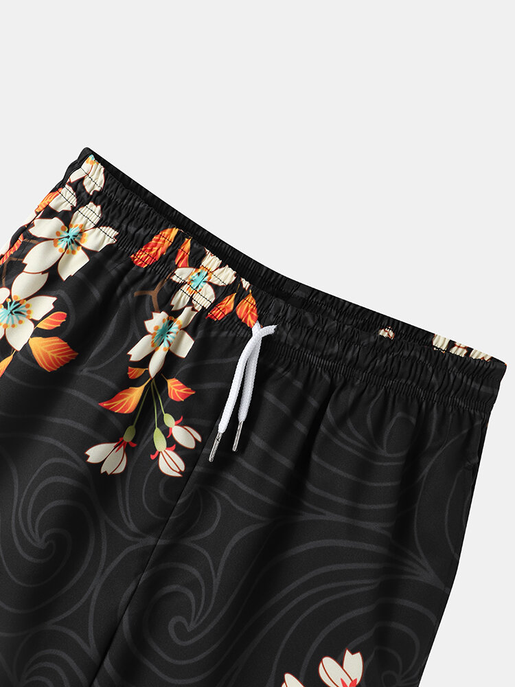 
	Mens Floral Crane Print Open Front Kimono Ethnic Style Two Pieces Outfits