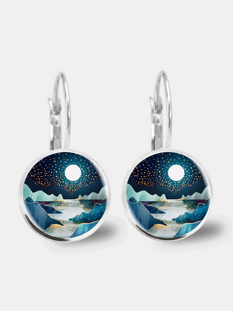 
	Trendy Metal Round Natural Landscape Print Glass Pendant Earrings