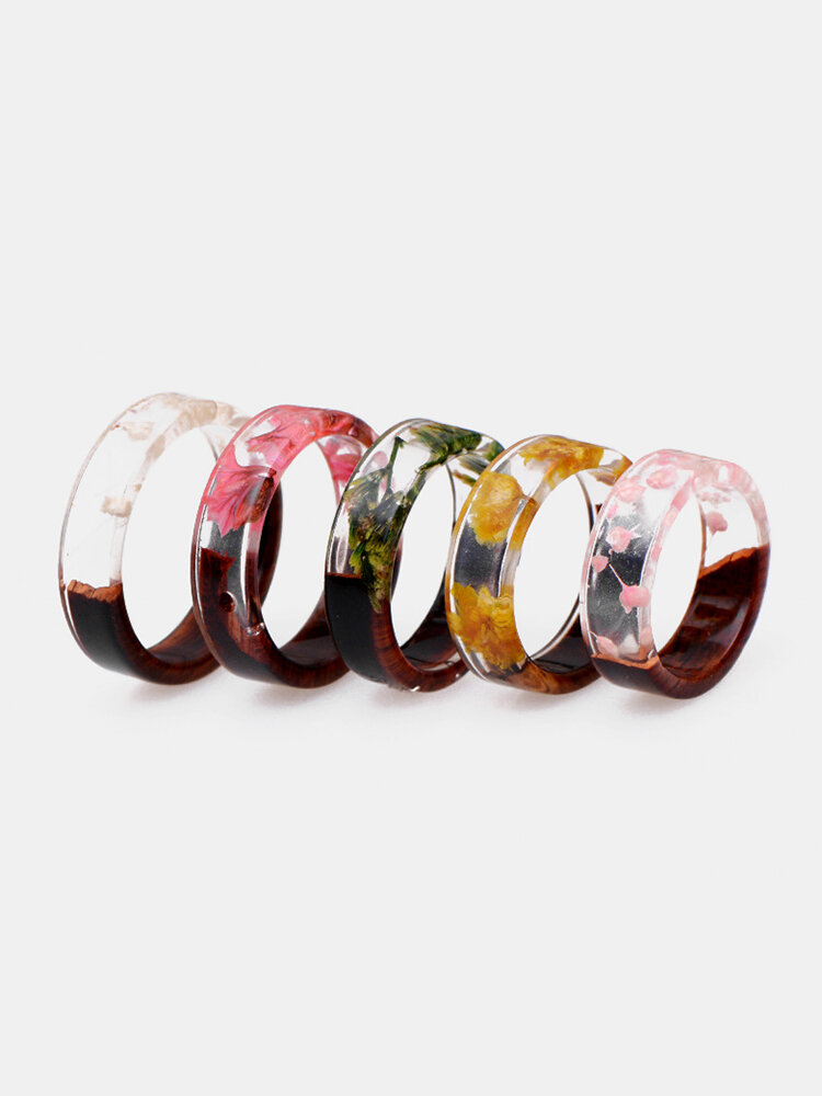 
	Vintage Dried Flower Resin Wood Transparent Rings