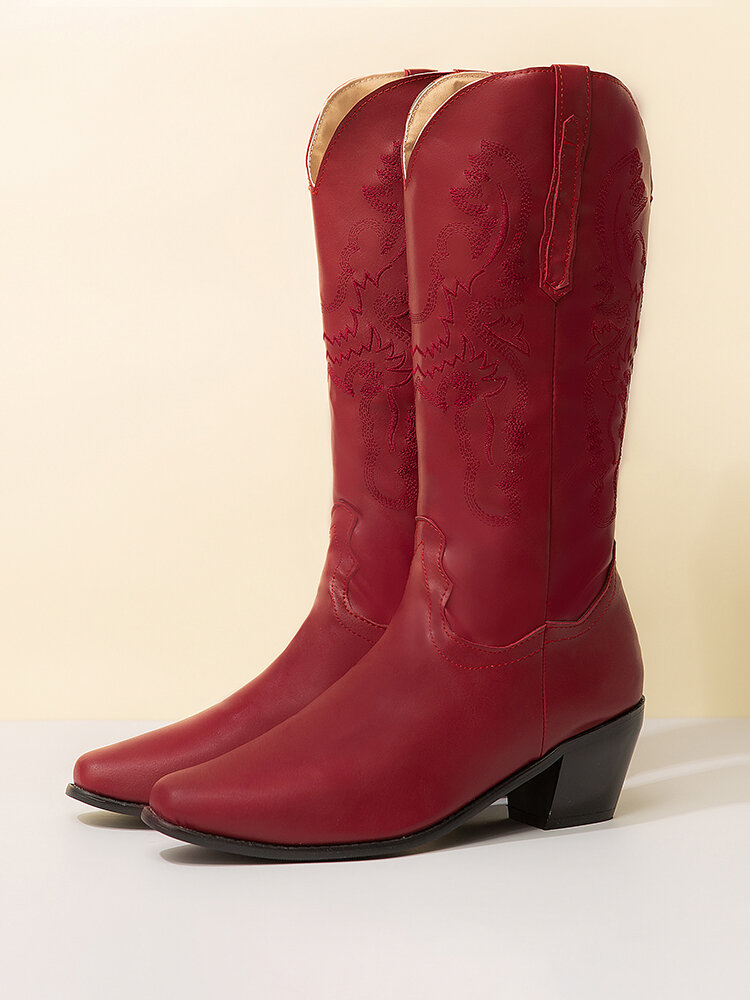 
	Plus Size Retro Women Pattern PU Western Embroidered Chunky Heel Mid-calf Cowboy Boots
