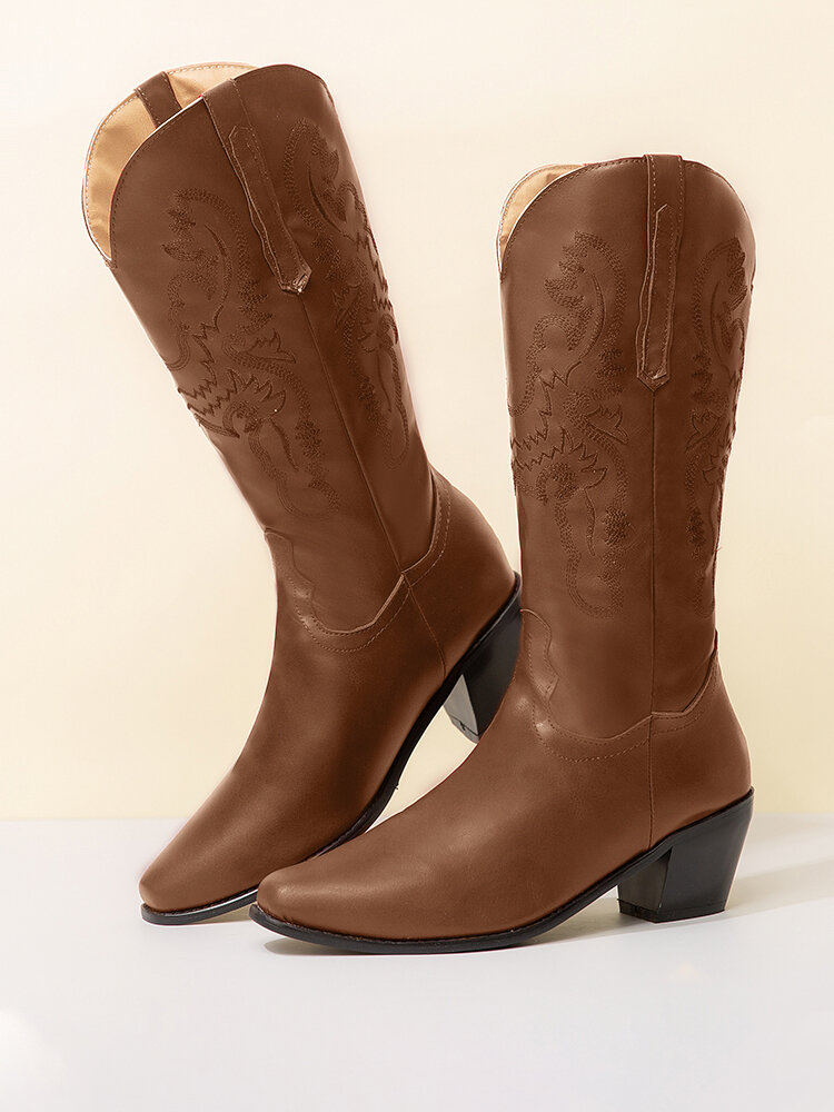 
	Plus Size Retro Women Pattern PU Western Embroidered Chunky Heel Mid-calf Cowboy Boots