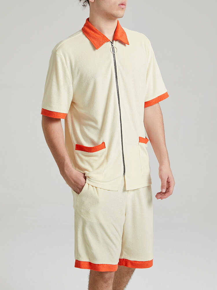 
	Mens Contrast Trims Patchwork Zip Front Towelling Street Two Pieces Outfits