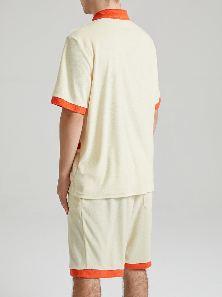 
	Mens Contrast Trims Patchwork Zip Front Towelling Street Two Pieces Outfits