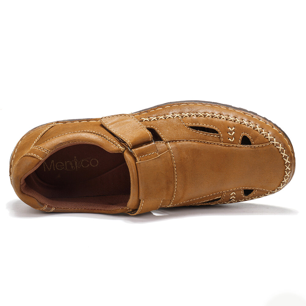 
	Menico Men Retro Leather Stitching Non Slip Hook Loop Casual Sandals