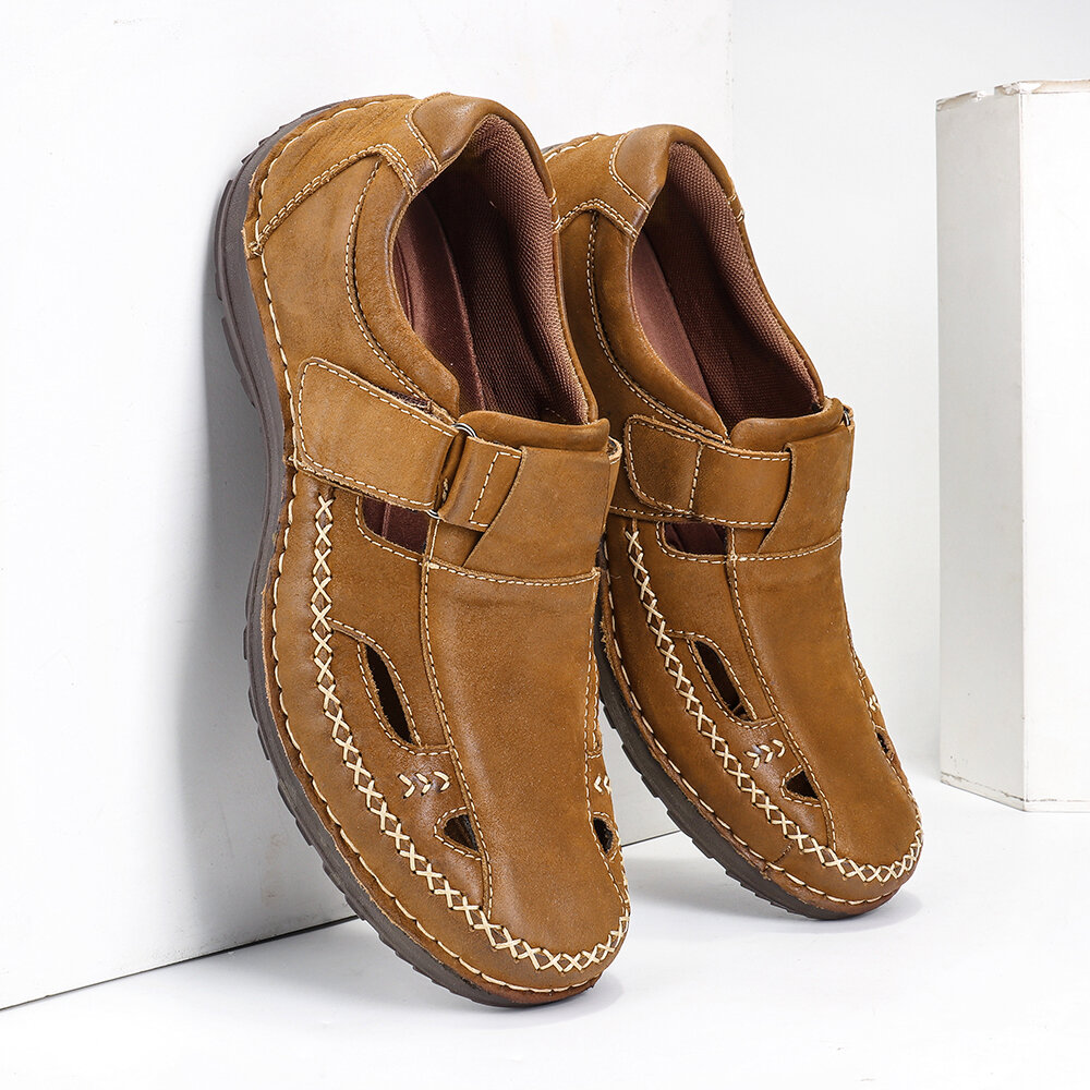 
	Menico Men Retro Leather Stitching Non Slip Hook Loop Casual Sandals