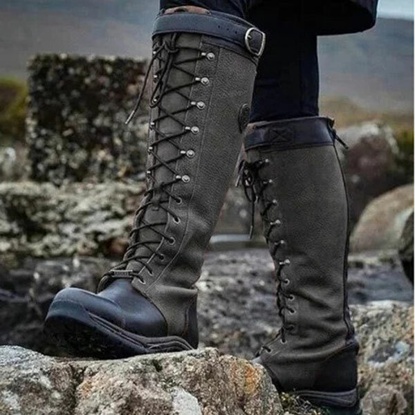 
	Plus Size PU Slip Resistant Stitcing Buckle Strap Lace Up Knee High Flat Boots