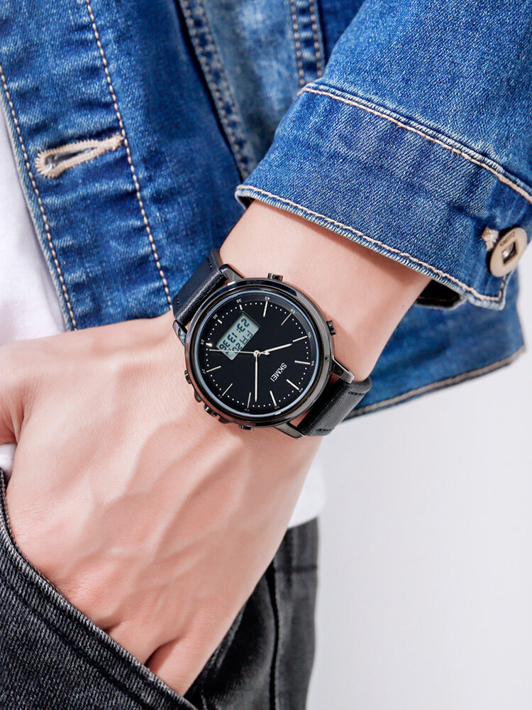 
	Leather Alarm Stopwatch Sport Watch Luminous Display Men Waterproof Dual Display Digital Watch