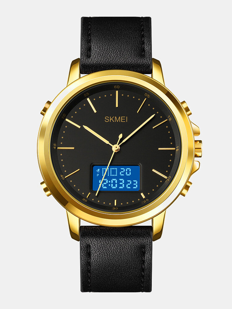 
	Leather Alarm Stopwatch Sport Watch Luminous Display Men Waterproof Dual Display Digital Watch